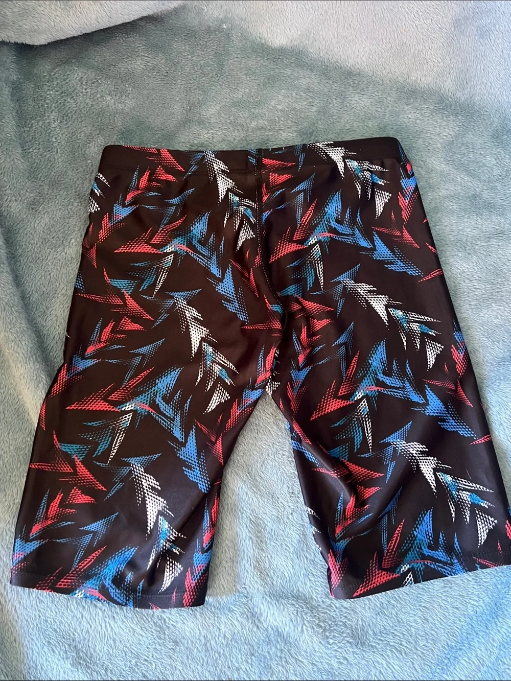 Flow Kids' Black Swim Trunks with Red, Blue & White Pattern